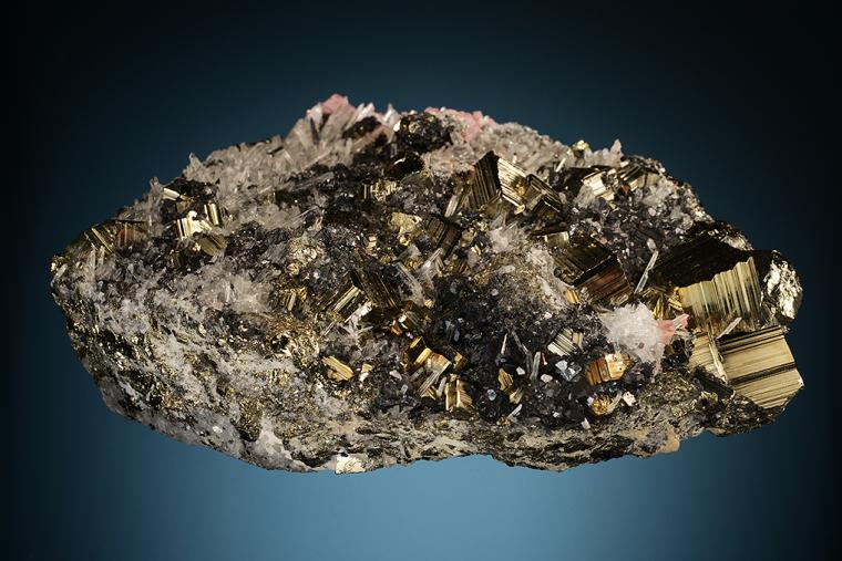 PYRITE with TETRAHEDRITE, HÜBNERITE, RHODOCHROSITE and QUARTZ