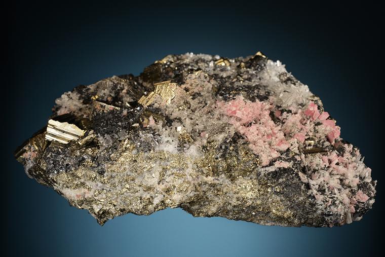 PYRITE with TETRAHEDRITE, HÜBNERITE, RHODOCHROSITE and QUARTZ