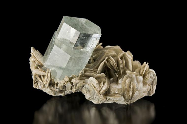 BERYL var. Aquamarine on MUSCOVITE