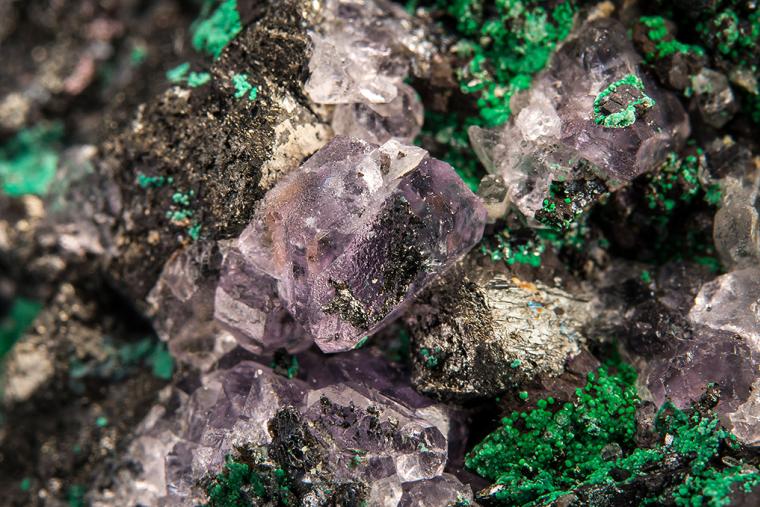 MALACHITE and FLUORITE on TETRAHEDRITE