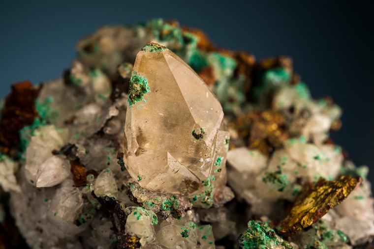 CALCITE with MALACHITE on CHALCOPYRITE