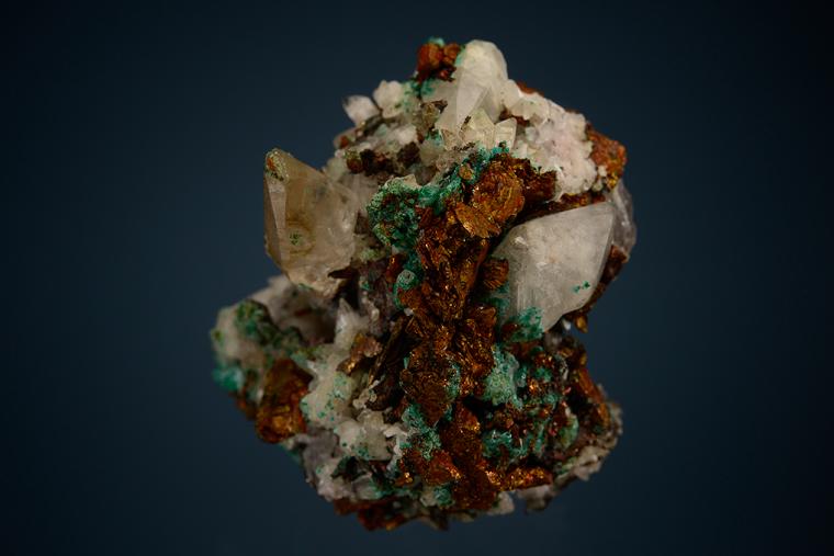 CALCITE with MALACHITE on CHALCOPYRITE