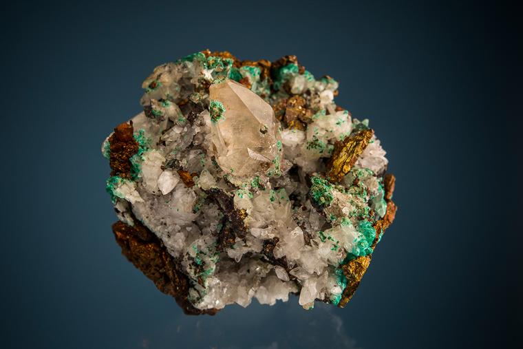 CALCITE with MALACHITE on CHALCOPYRITE