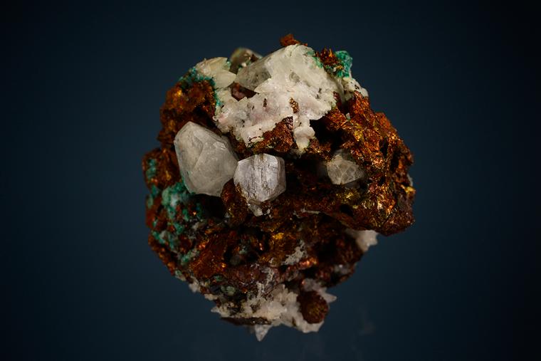 CALCITE with MALACHITE on CHALCOPYRITE