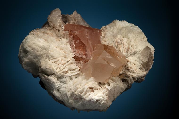BERYL var. Morganite with QUARTZ on ALBITE var. Cleavelandite