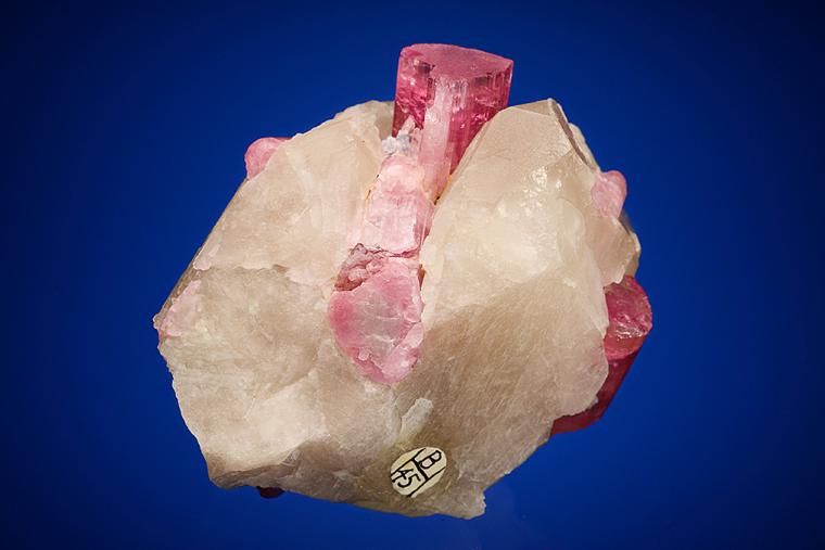 ELBAITE with LEPIDOLITE and ALBITE var. Cleavelandite on QUARTZ