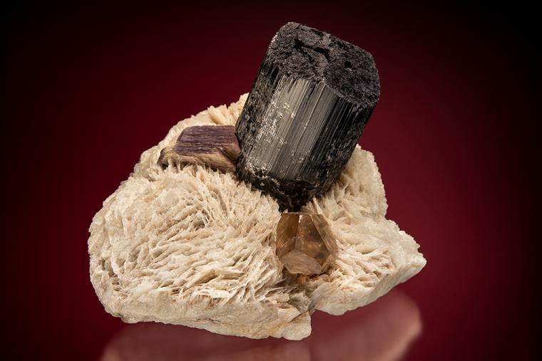 ELBAITE with LEPIDOLITE and QUARTZ var. Smoky on ALBITE var. Cleavelandite