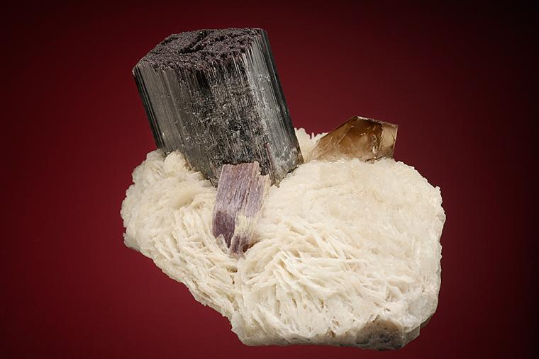ELBAITE with LEPIDOLITE and QUARTZ var. Smoky on ALBITE var. Cleavelandite