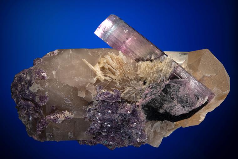 ELBAITE with LEPIDOLITE on QUARTZ (repaired)