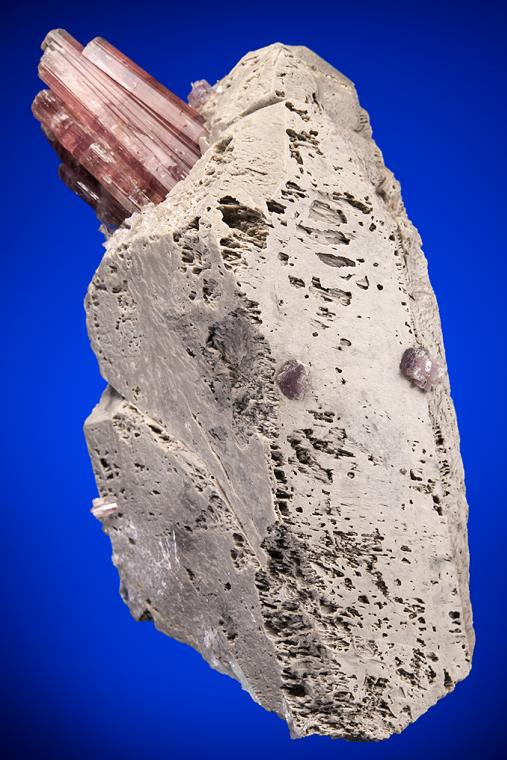 ELBAITE with LEPIDOLITE and ALBITE var. Cleavelandite on MICROCLINE (Baveno twin)