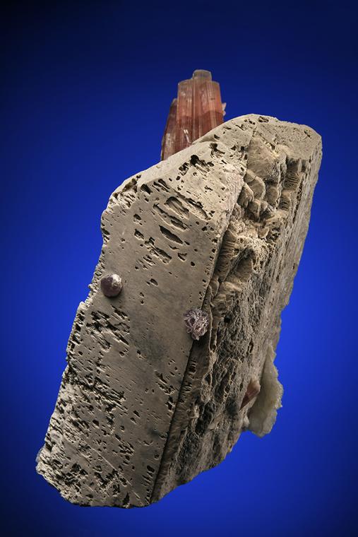 ELBAITE with LEPIDOLITE and ALBITE var. Cleavelandite on MICROCLINE (Baveno twin)