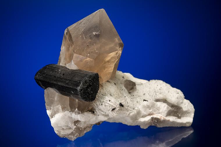 Tourmaline with QUARTZ var. Smoky on ALBITE var. Cleavelandite