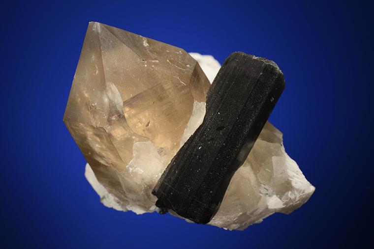 Tourmaline with QUARTZ var. Smoky on ALBITE var. Cleavelandite