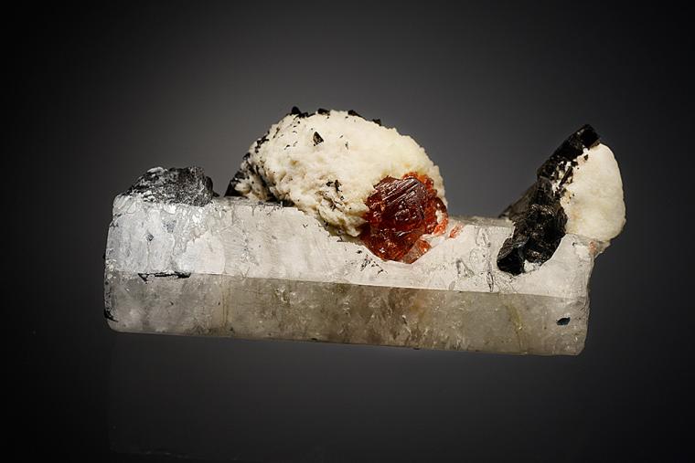 BERYL var. Aquamarine with SPESSARTINE, Tourmaline, and ALBITE (repaired)