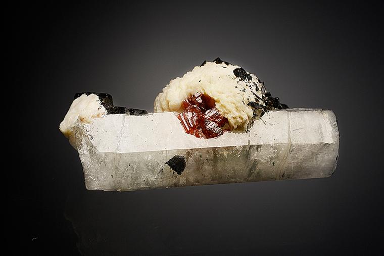 BERYL var. Aquamarine with SPESSARTINE, Tourmaline, and ALBITE (repaired)