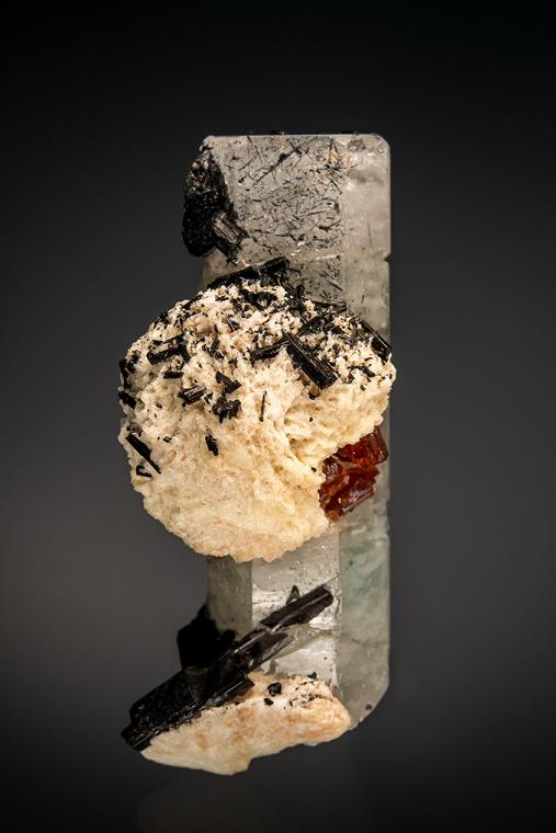 BERYL var. Aquamarine with SPESSARTINE, Tourmaline, and ALBITE (repaired)