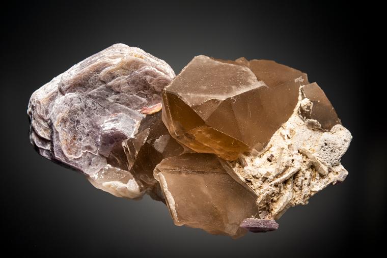 LEPIDOLITE with QUARTZ var. Smoky on ALBITE var. Cleavelandite