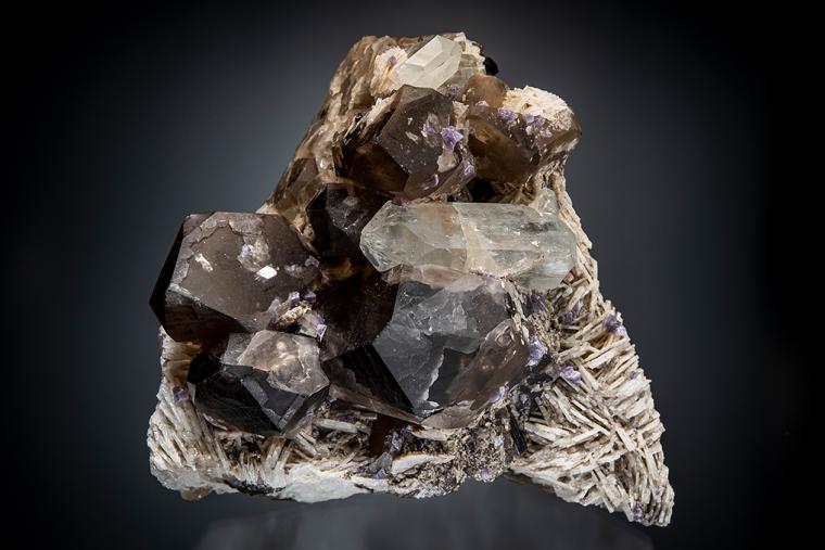 TOPAZ with QUARTZ var. Smoky on ALBITE var. Cleavelandite (repaired)