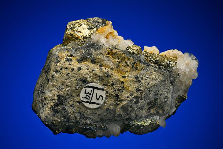 PYRITE with TETRAHEDRITE and CALCITE on QUARTZ