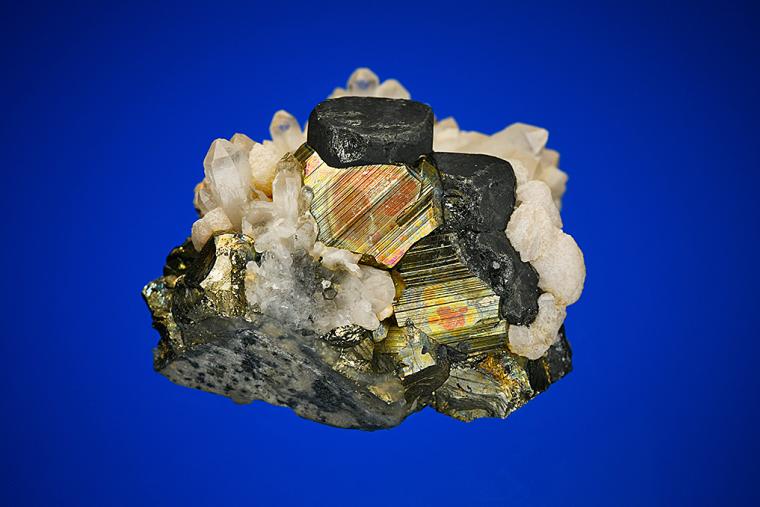 PYRITE with TETRAHEDRITE and CALCITE on QUARTZ