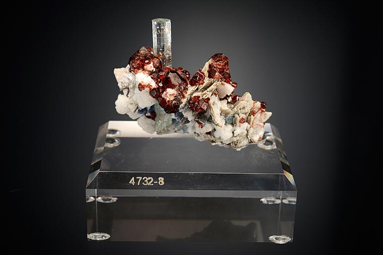 BERYL var. Aquamarine with SPESSARTINE on MUSCOVITE