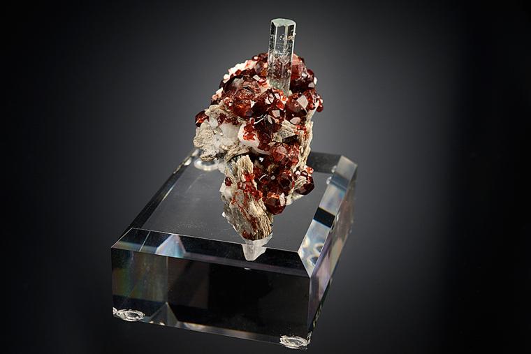 BERYL var. Aquamarine with SPESSARTINE on MUSCOVITE