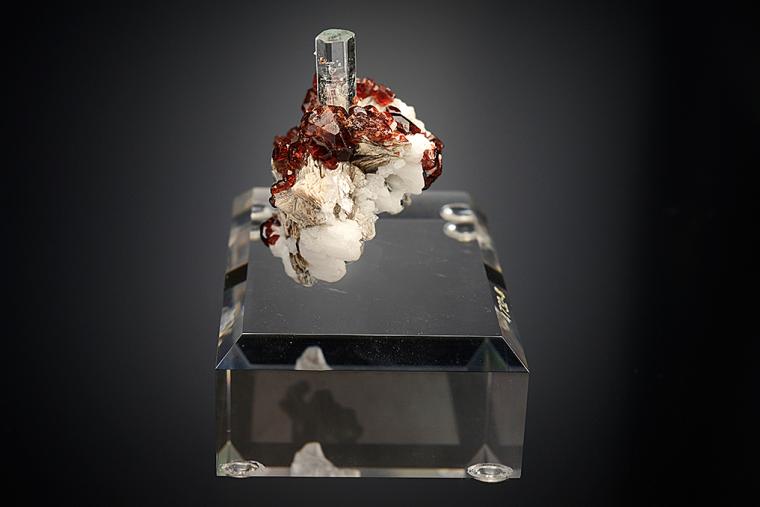 BERYL var. Aquamarine with SPESSARTINE on MUSCOVITE