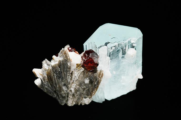 BERYL var. Aquamarine with SPESSARTINE on MUSCOVITE