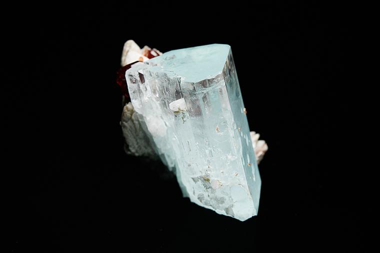 BERYL var. Aquamarine with SPESSARTINE on MUSCOVITE