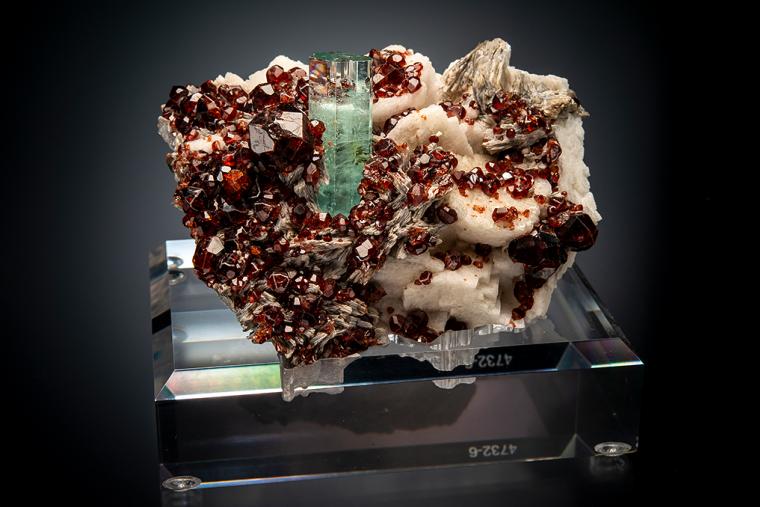 BERYL var. Aquamarine with SPESSARTINE on MICROCLINE and MUSCOVITE