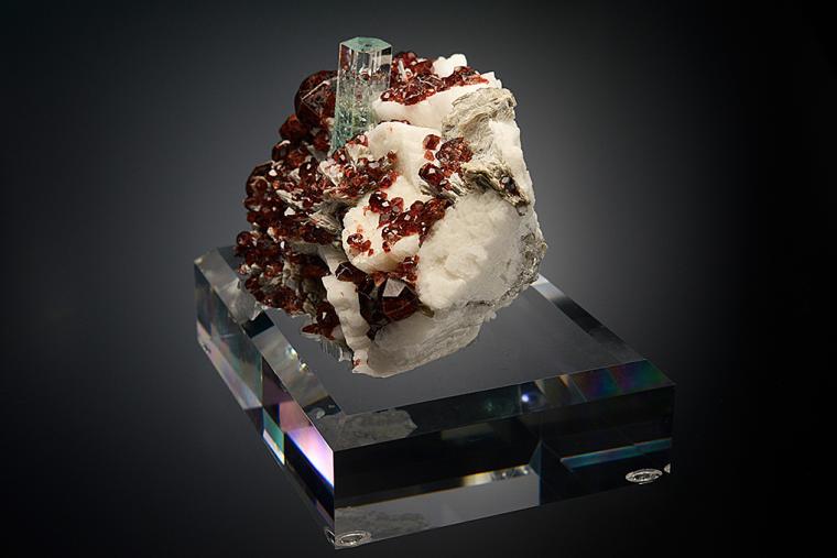 BERYL var. Aquamarine with SPESSARTINE on MICROCLINE and MUSCOVITE