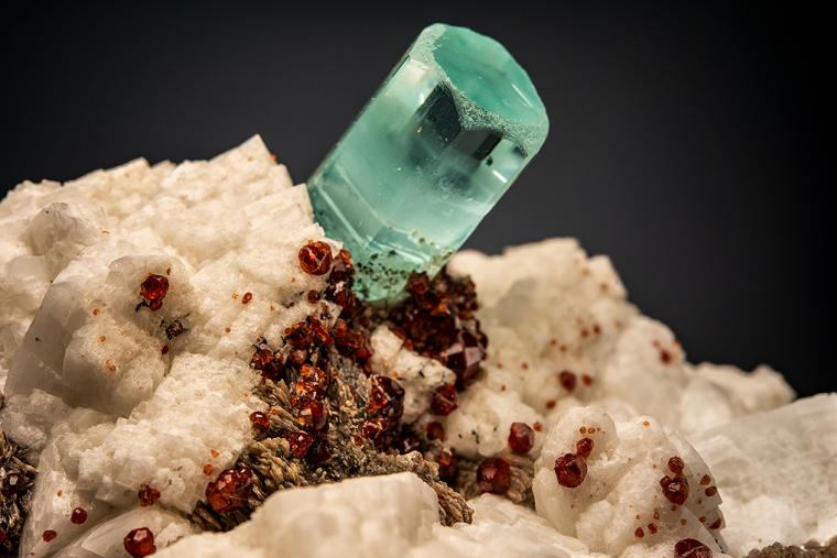 BERYL var. Aquamarine with SPESSARTINE on MICROCLINE and MUSCOVITE