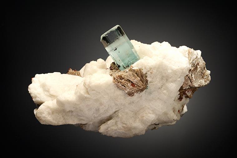 BERYL var. Aquamarine with SPESSARTINE on MICROCLINE and MUSCOVITE