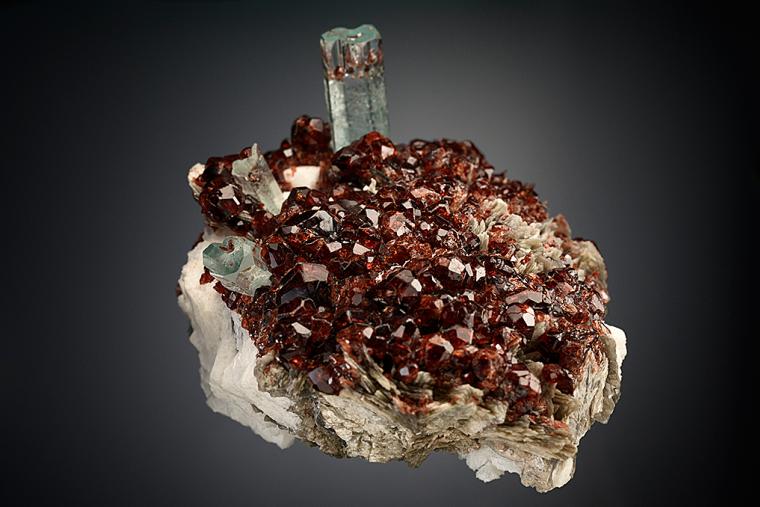 BERYL var. Aquamarine with SPESSARTINE on MICROCLINE and MUSCOVITE