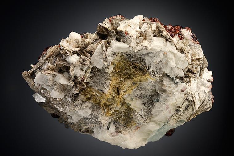 BERYL var. Aquamarine with SPESSARTINE on MICROCLINE and MUSCOVITE