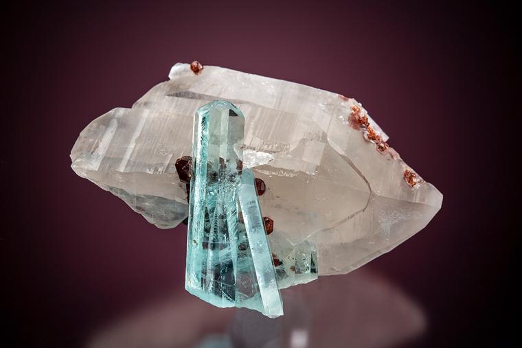 BERYL var. Aquamarine with SPESSARTINE on QUARTZ