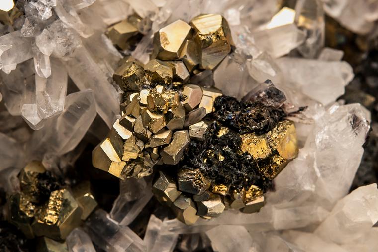 PYRITE with TETRAHEDRITE and BOURNONITE on QUARTZ