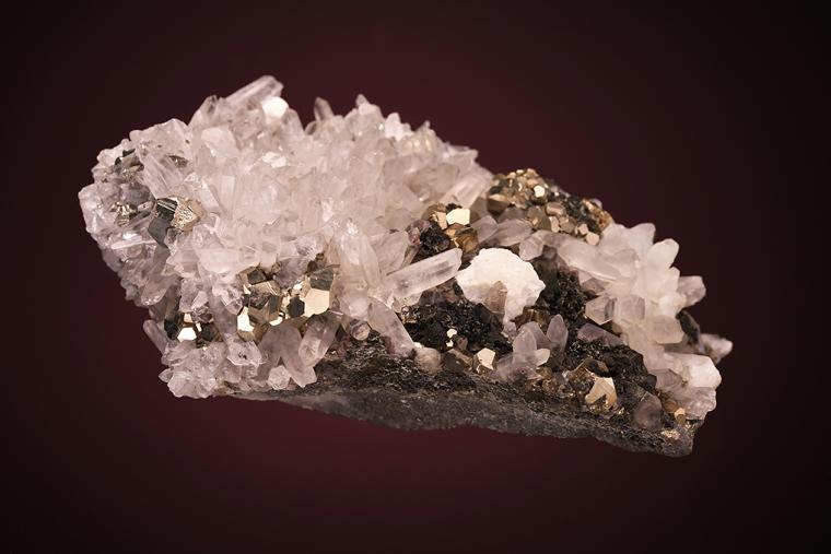 PYRITE with TETRAHEDRITE and BOURNONITE on QUARTZ