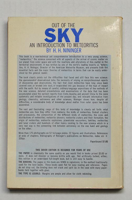 Out of the Sky - An Introduction to Meteorites by H. H. Nininger