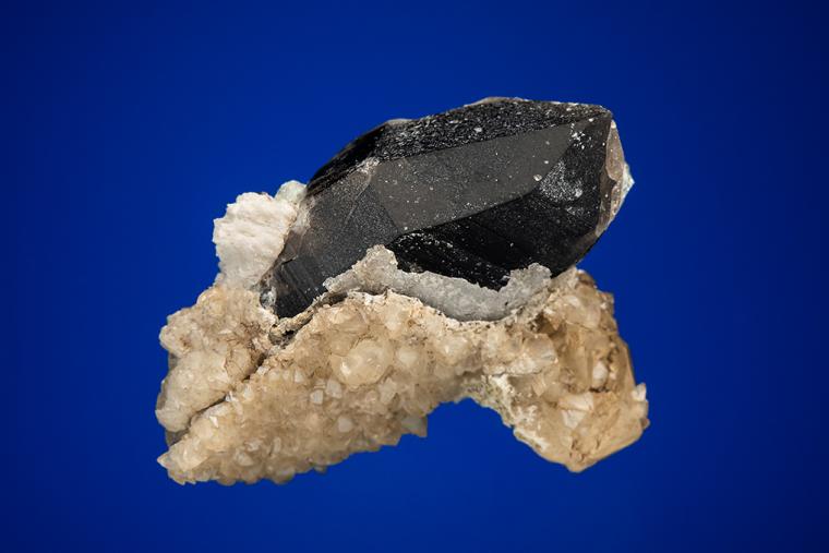 CALCITE with BERYL var. Aquamarine on QUARTZ var. Smoky