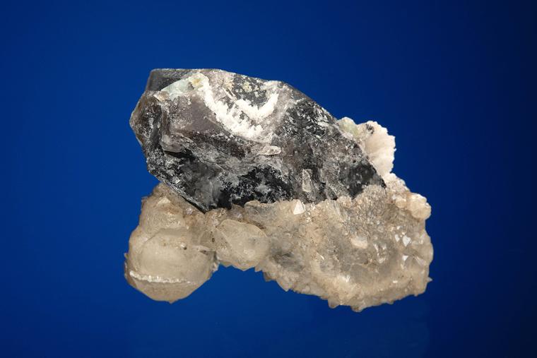 CALCITE with BERYL var. Aquamarine on QUARTZ var. Smoky