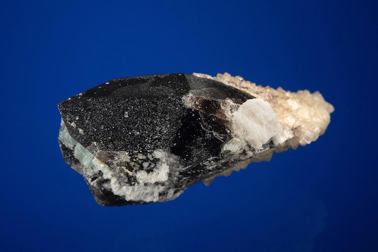 CALCITE with BERYL var. Aquamarine on QUARTZ var. Smoky